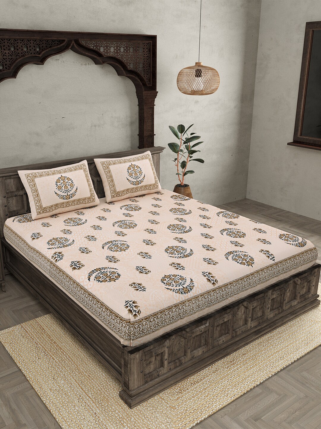 

JAIPUR FABRIC Floral Paradise Beige Floral Cotton 210 TC Queen Bedsheet & 2 Pillow Covers