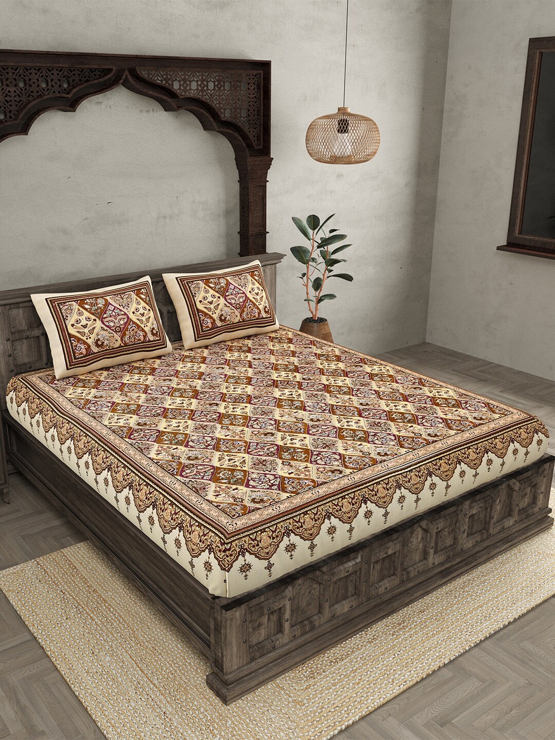 

JAIPUR FABRIC Brown & Cream Printed Cotton 210 TC Queen Bedsheet with 2 Pillow Covers