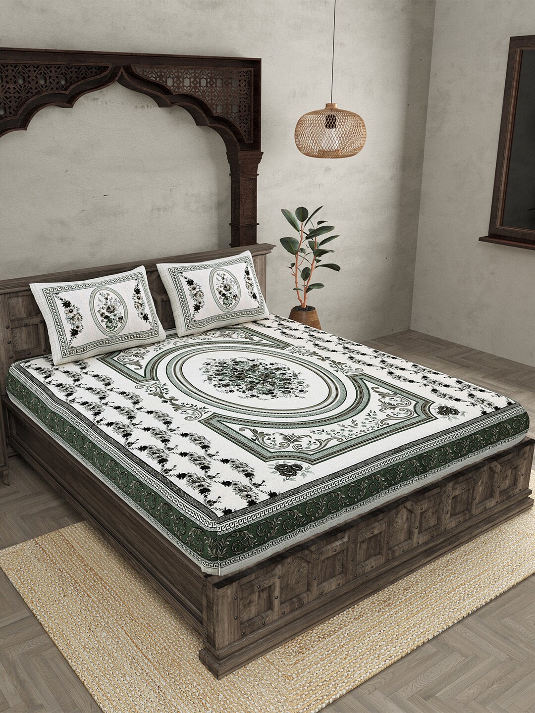 

JAIPUR FABRIC Grey & White Ethnic Motifs Cotton 210 TC Queen Bedsheet with 2 Pillow Covers