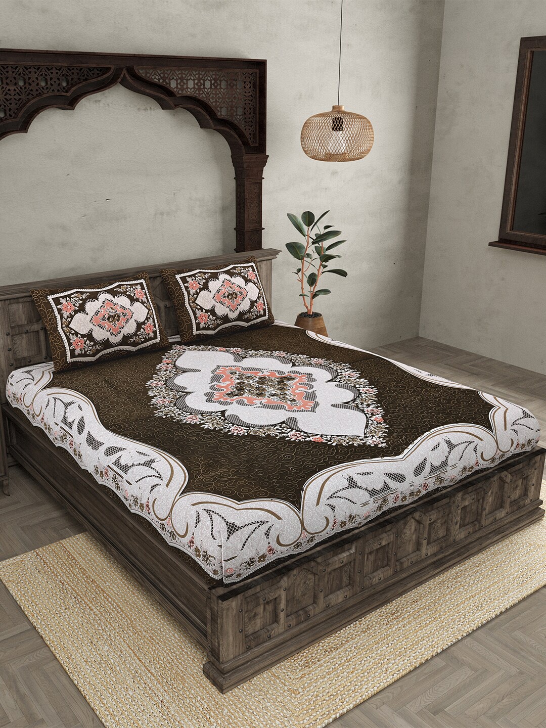 

JAIPUR FABRIC Grey & White Printed Cotton 210 TC Queen Bedsheet with 2 Pillow Covers