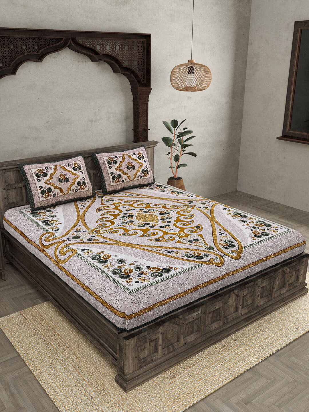 

JAIPUR FABRIC Fresh Delight Mustard Floral Cotton 210 TC Queen Bedsheet & 2 Pillow Covers