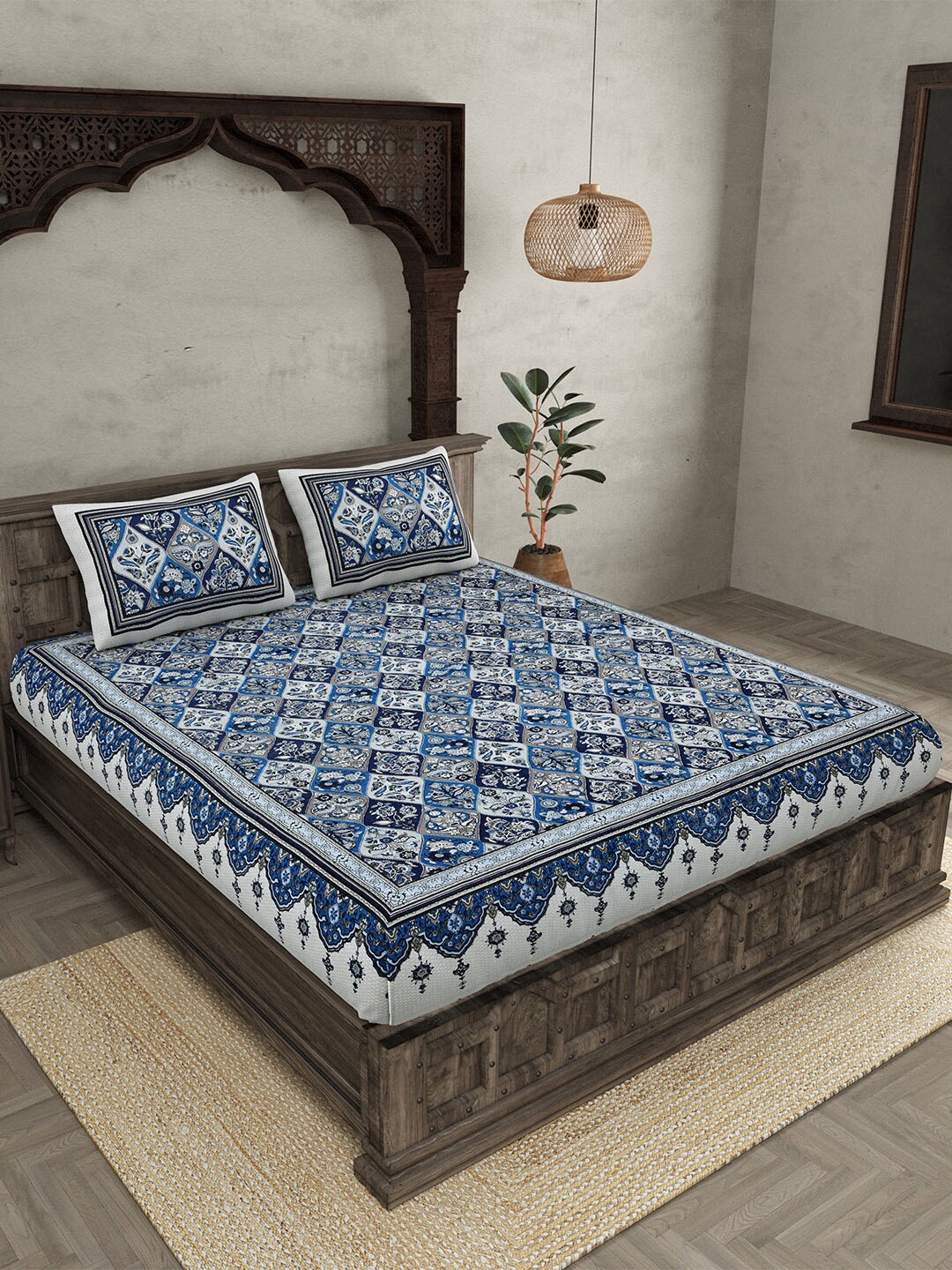 

JAIPUR FABRIC Festival Waves Blue & White Cotton 210 TC Queen Bedsheet & 2 Pillow Covers