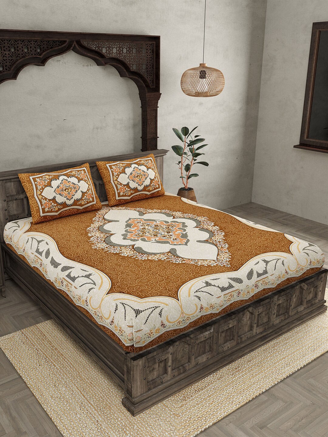 

JAIPUR FABRIC Brown & White Ethnic Motifs Cotton 210 TC Queen Bedsheet & 2 Pillow Covers