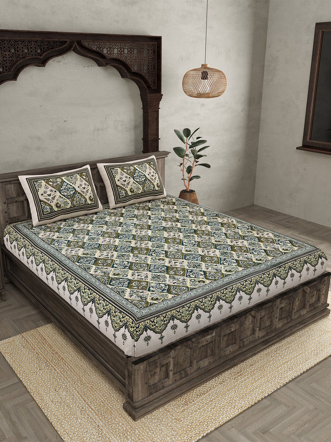 

JAIPUR FABRIC Green Ethnic Motifs Cotton 210 TC Queen Bedsheet with 2 Pillow Covers