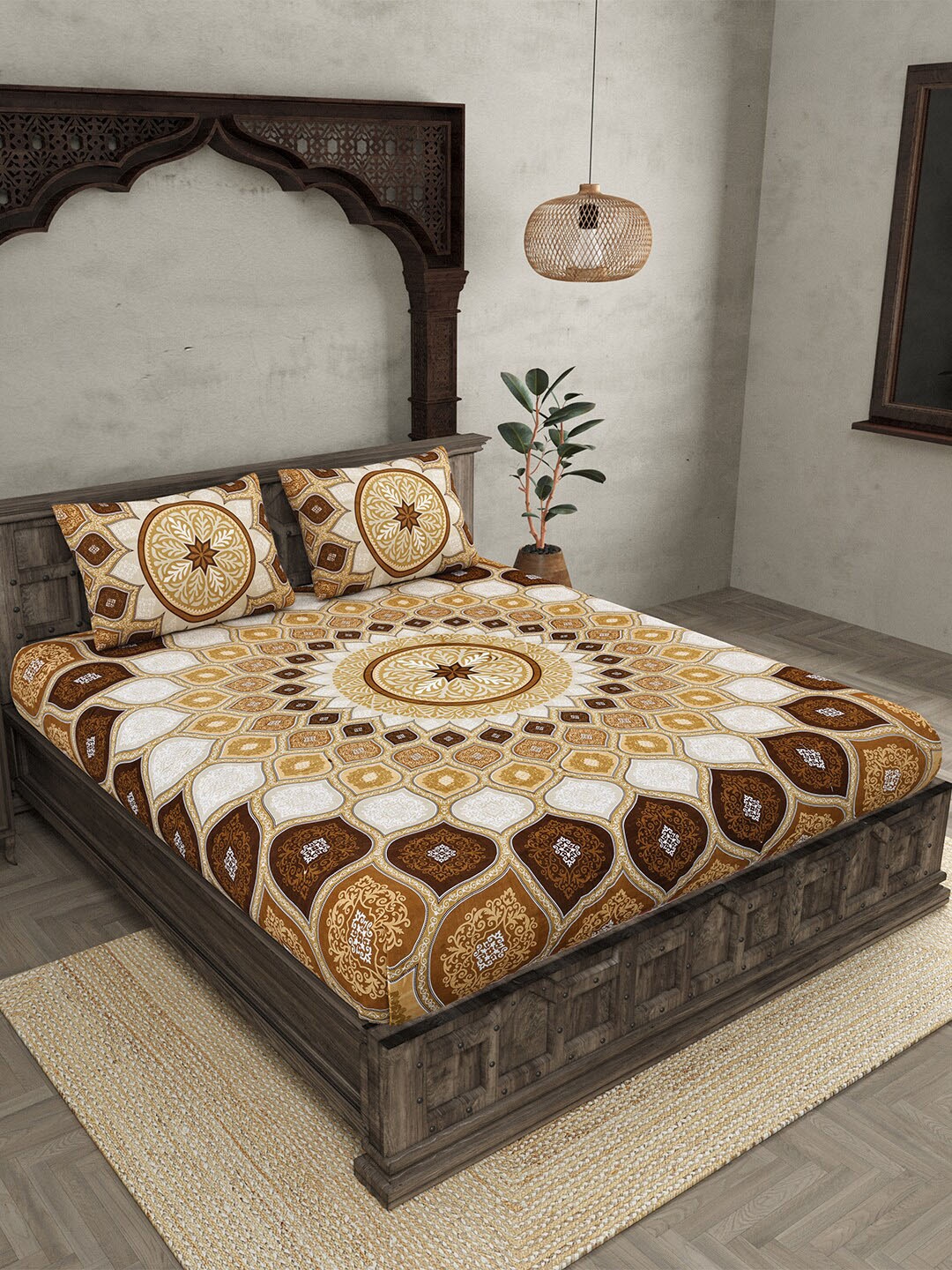 

JAIPUR FABRIC White & Brown Ethnic Motifs Cotton 210 TC Queen Bedsheet & 2 Pillow Covers
