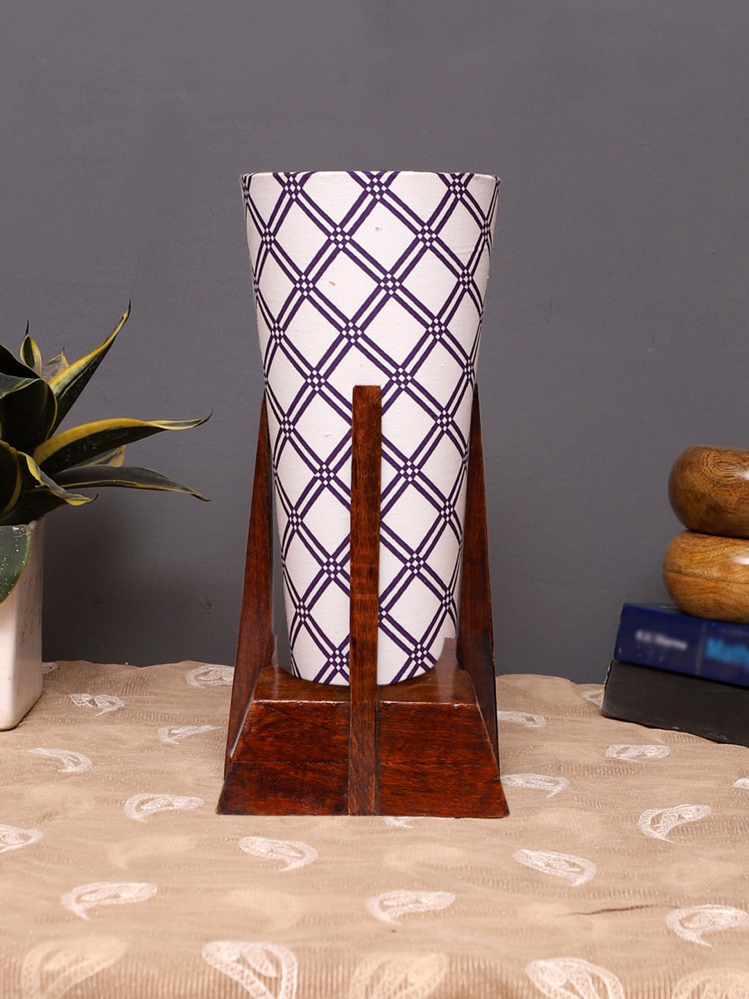 

Devansh White & Brown Printed Cotton Conical Table Lamp With Wooden Base