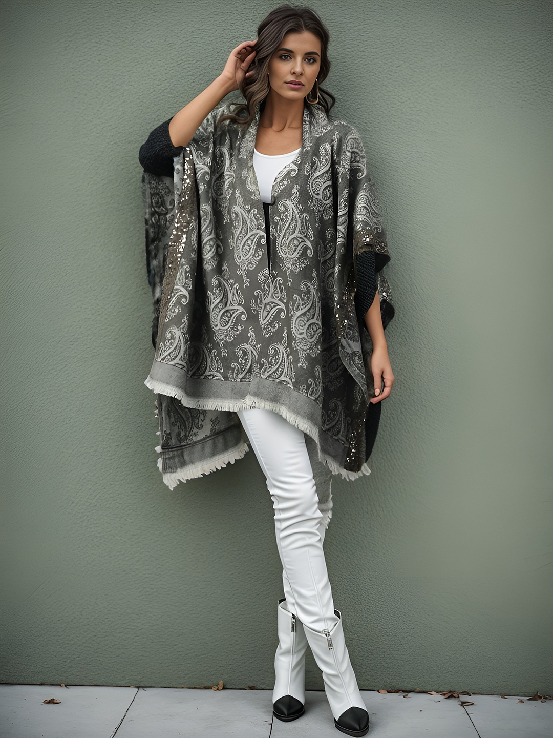 

Taurus Paisley Printed Acrylic Shrug, Grey