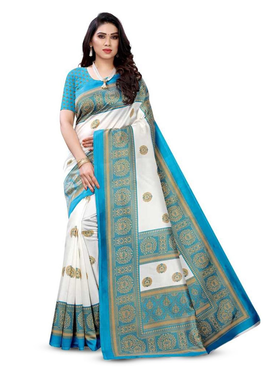 

Grubstaker Ethnic Motifs Printed Art Silk Banarasi Saree, White