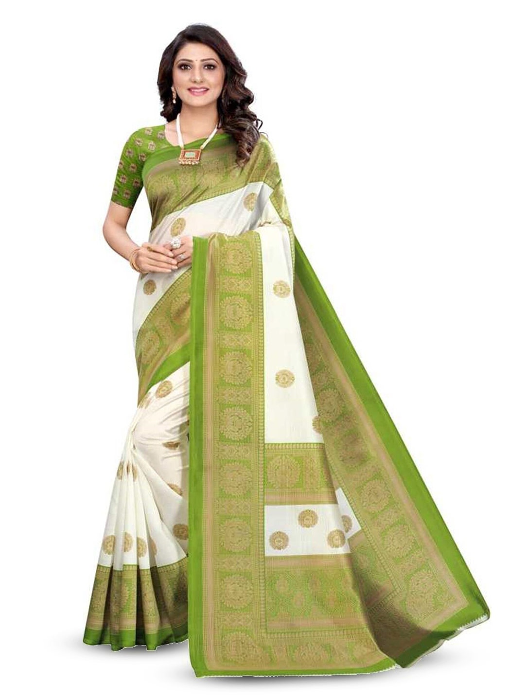 

Grubstaker Ethnic Motifs Printed Art Silk Banarasi Saree, White