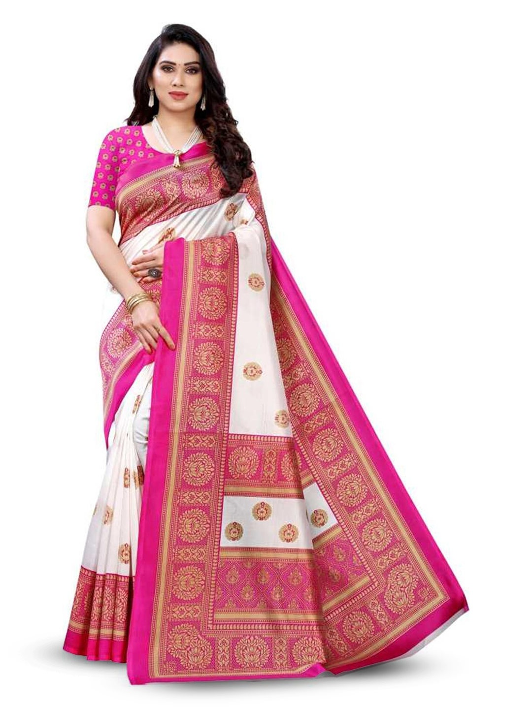 

Grubstaker Ethnic Motifs Printed Art Silk Banarasi Saree, Pink
