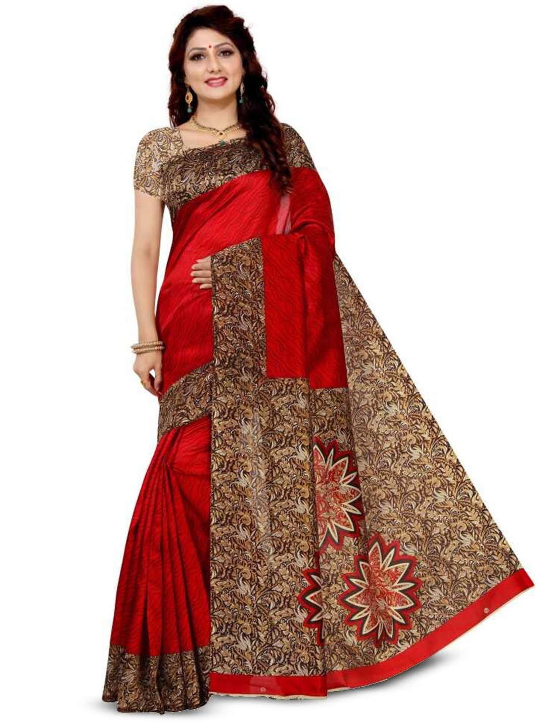 

Grubstaker Floral Printed Saree, Red