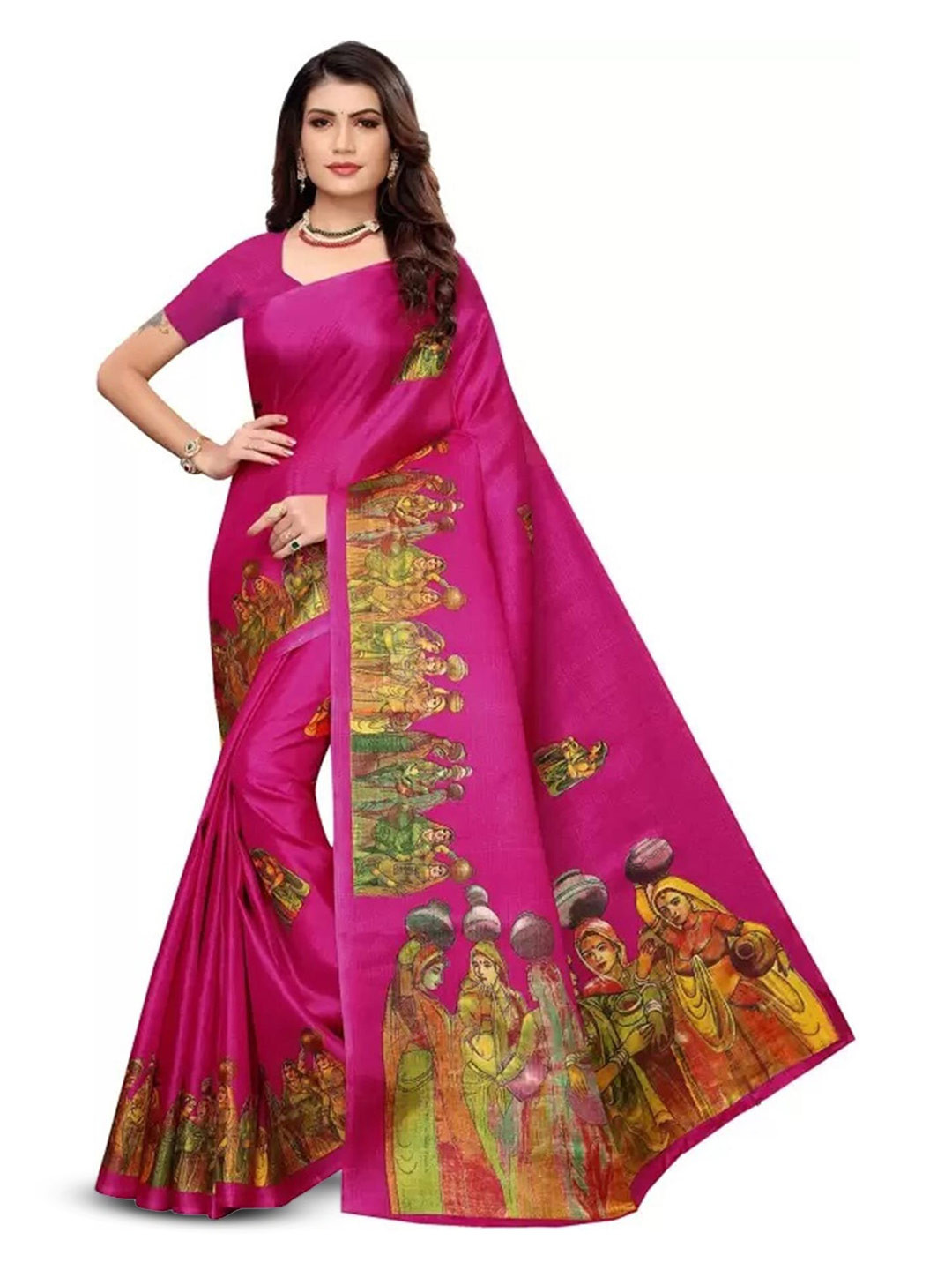 

Grubstaker Ethnic Motifs Printed Art Silk Banarasi Saree, Pink
