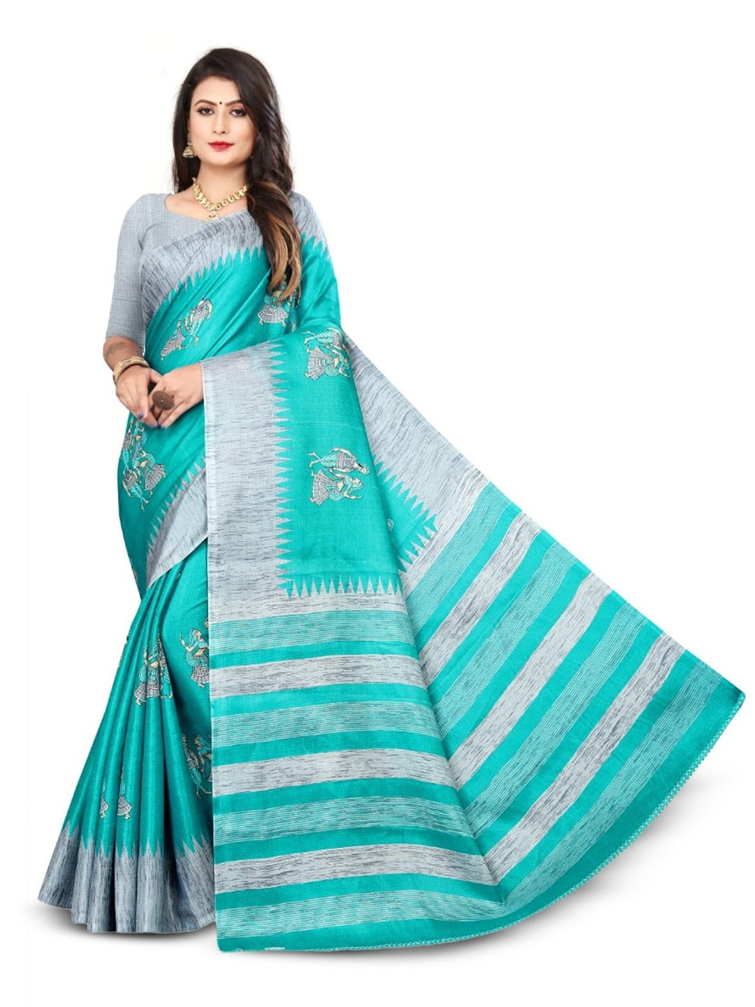 

Grubstaker Ethnic Motifs Printed Art Silk Banarasi Saree, Blue