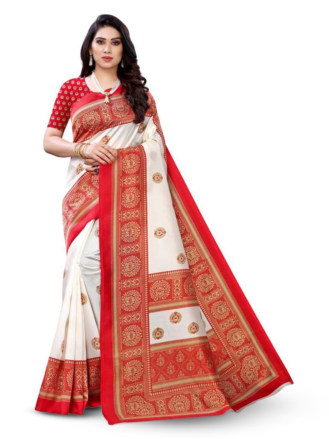 

Grubstaker Ethnic Motifs Printed Art Silk Banarasi Saree, White