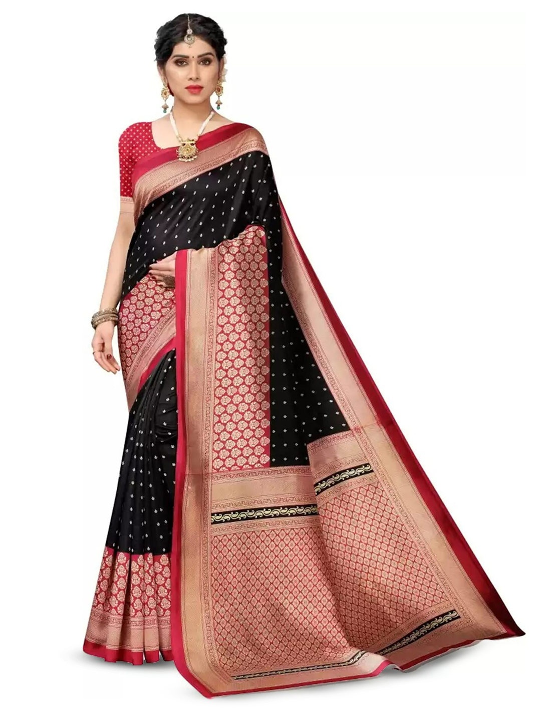 

Grubstaker Ethnic Motifs Printed Art Silk Banarasi Saree, Black