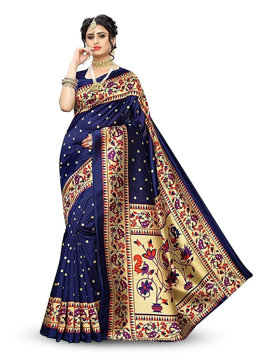 

Grubstaker Ethnic Motifs Printed Art Silk Banarasi Saree, Navy blue
