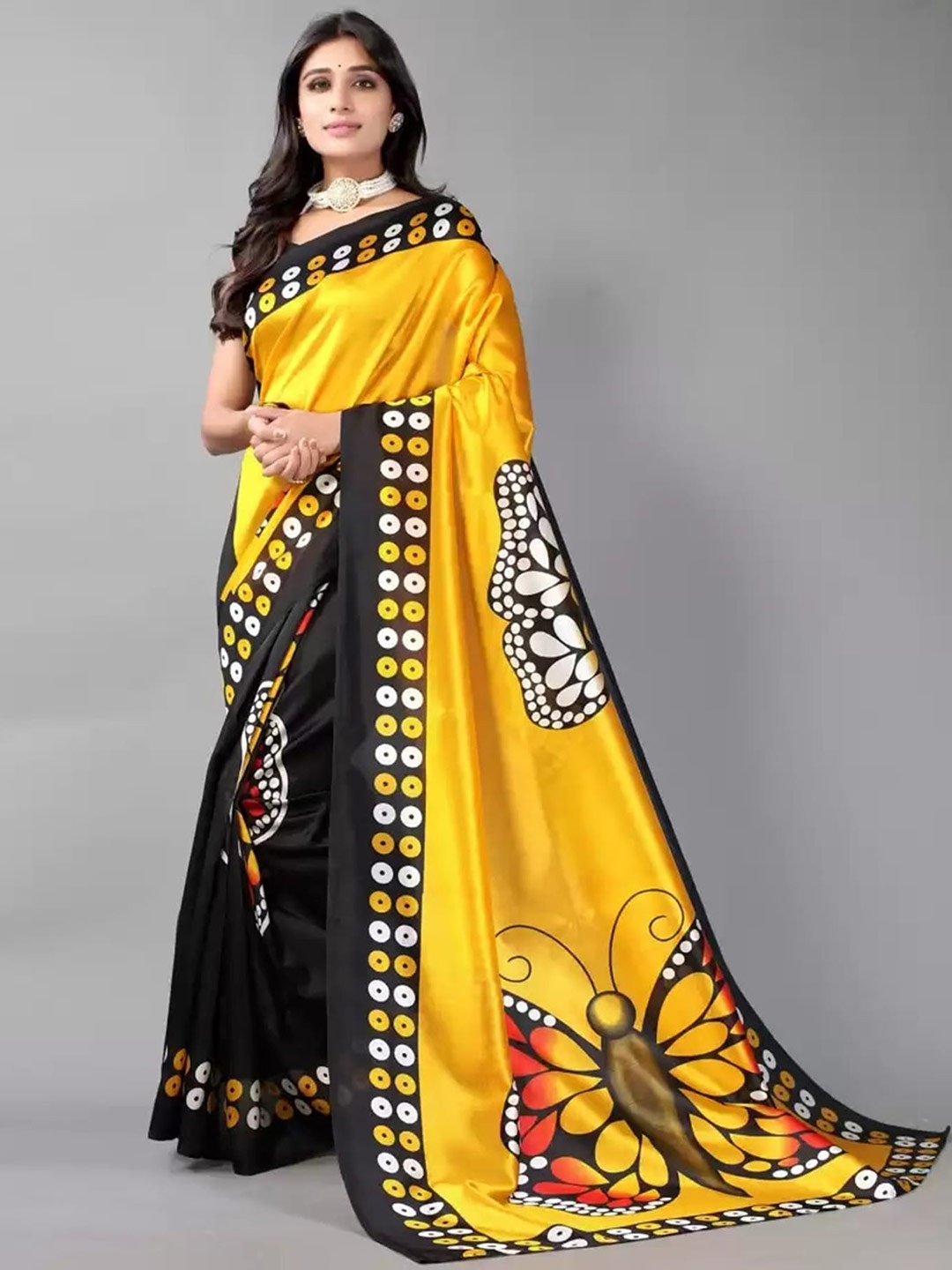 

Grubstaker Ethnic Motifs Printed Art Silk Banarasi Saree, Black