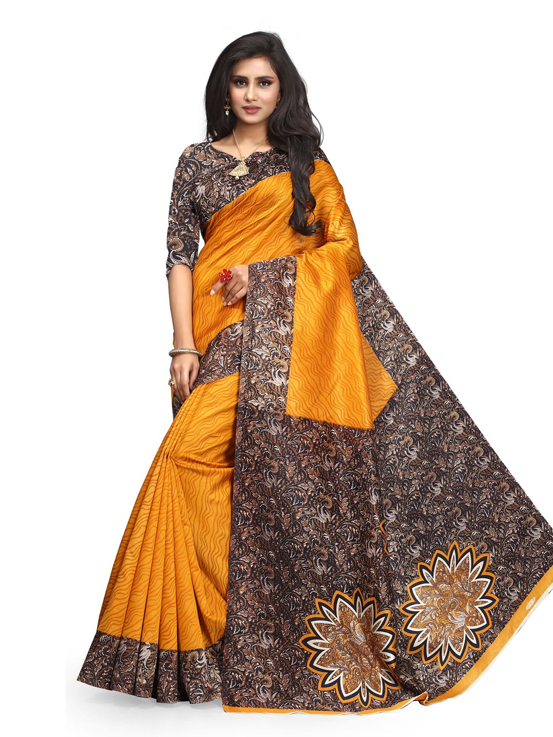 

Grubstaker Striped Art Silk Banarasi Saree, Mustard