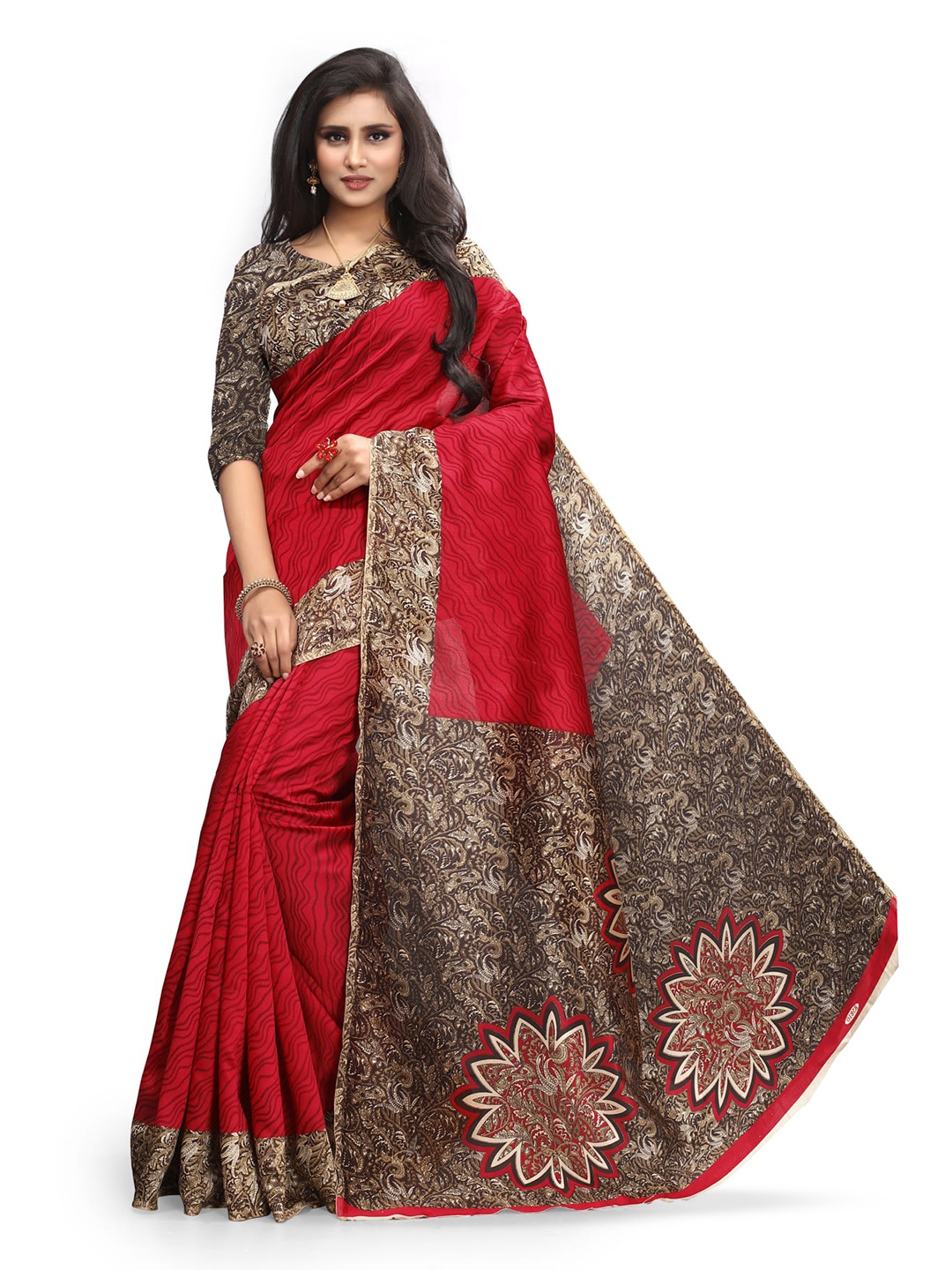 

Grubstaker Striped Woven Designed Border Saree, Black