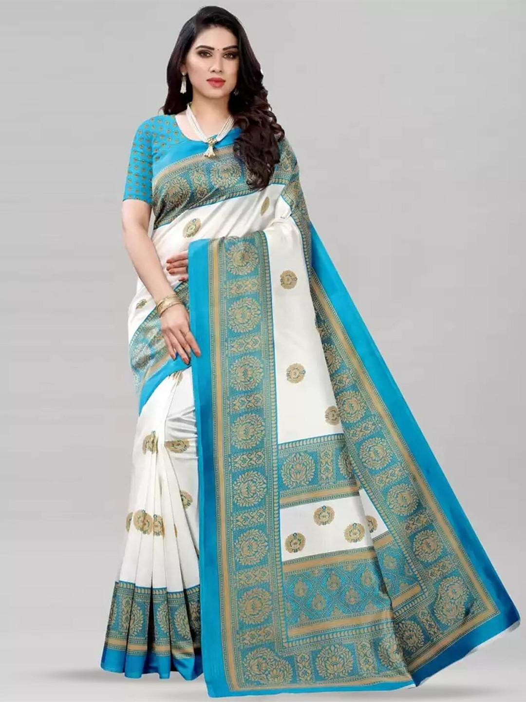 

Grubstaker Ethnic Motifs Woven Design Banarasi Saree, White