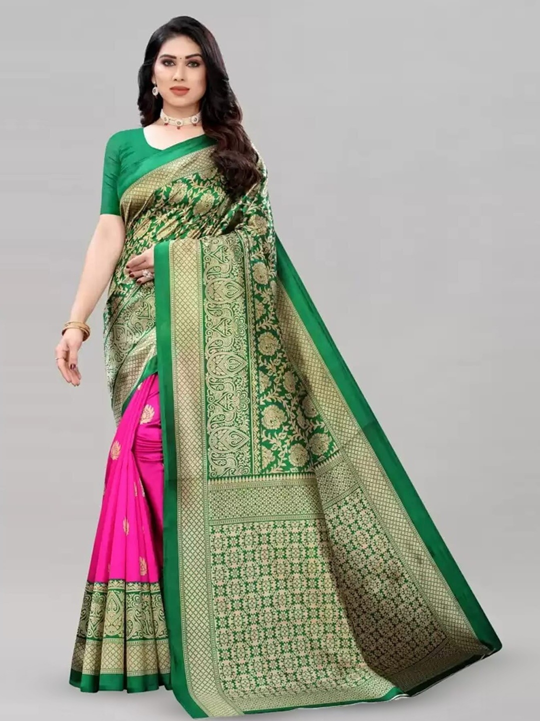 

Grubstaker Ethnic Motifs Printed Art Silk Banarasi Saree, Green