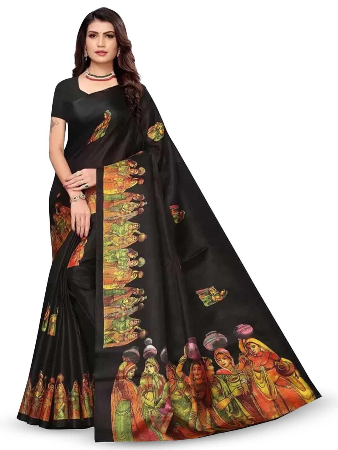 

Grubstaker Ethnic Motifs Printed Saree, Black
