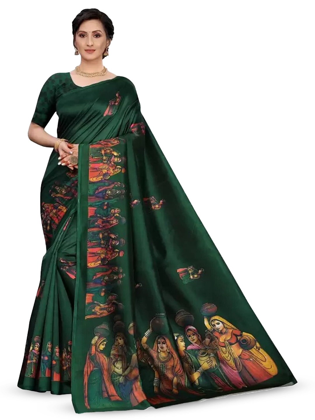 

Grubstaker Ethnic Motifs Printed Art Silk Banarasi Saree, Green