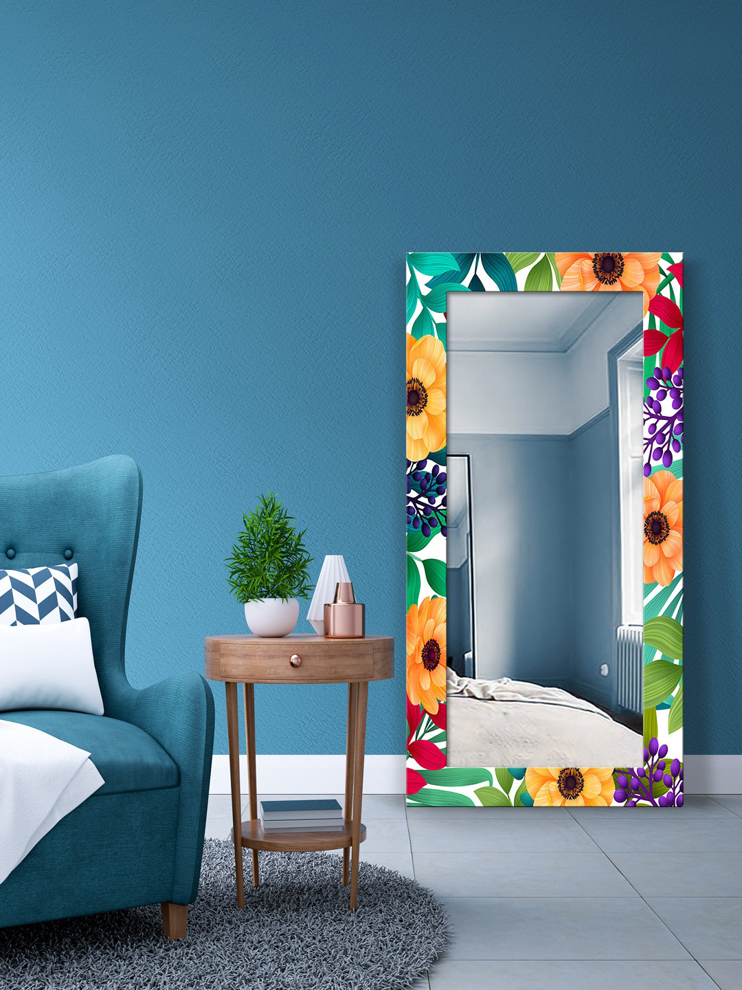 

999Store Yellow & Green Floral Printed Rectangular Wall Mirrors