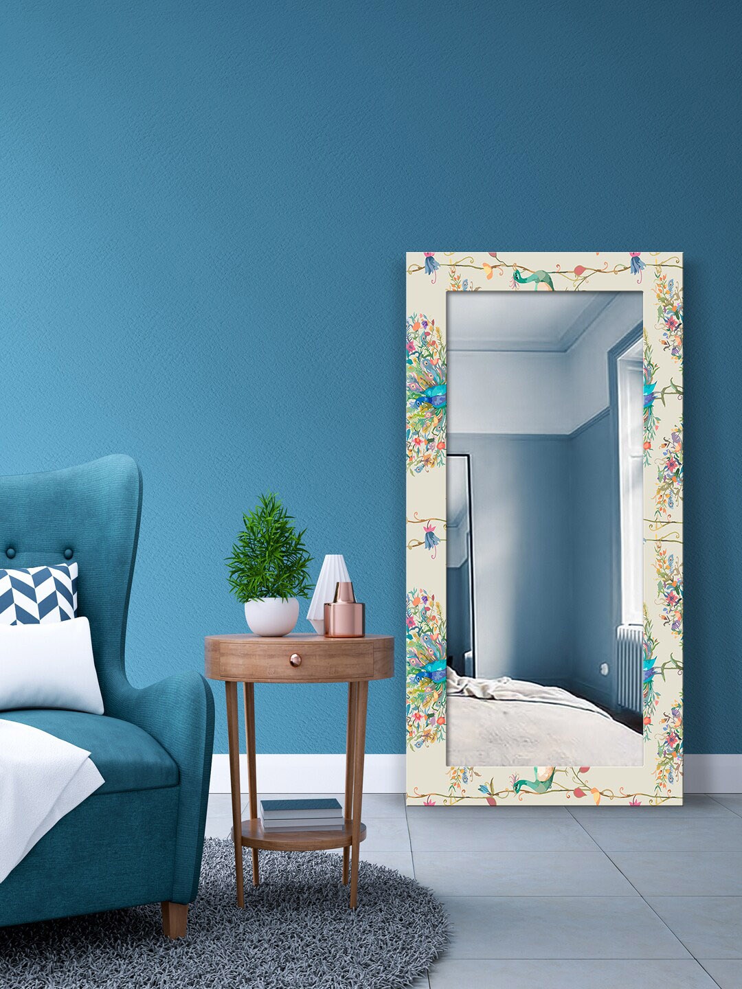 

999Store Grey & Blue Pattern with Watercolor Peacock Flower Printed Wall Mirror