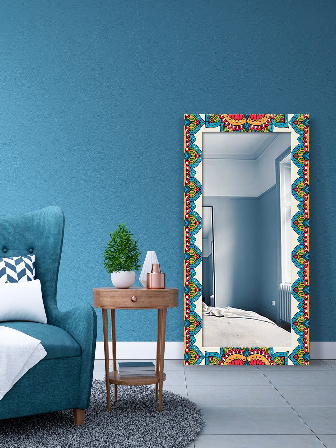 

999Store Green & Orange Printed Wall Mirror