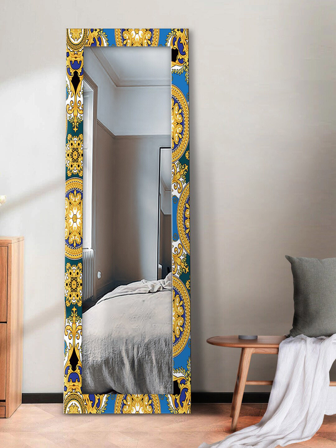 

999Store Blue Seamless Pattern with Baroque Elements Printed large Wall Mirror, Gold