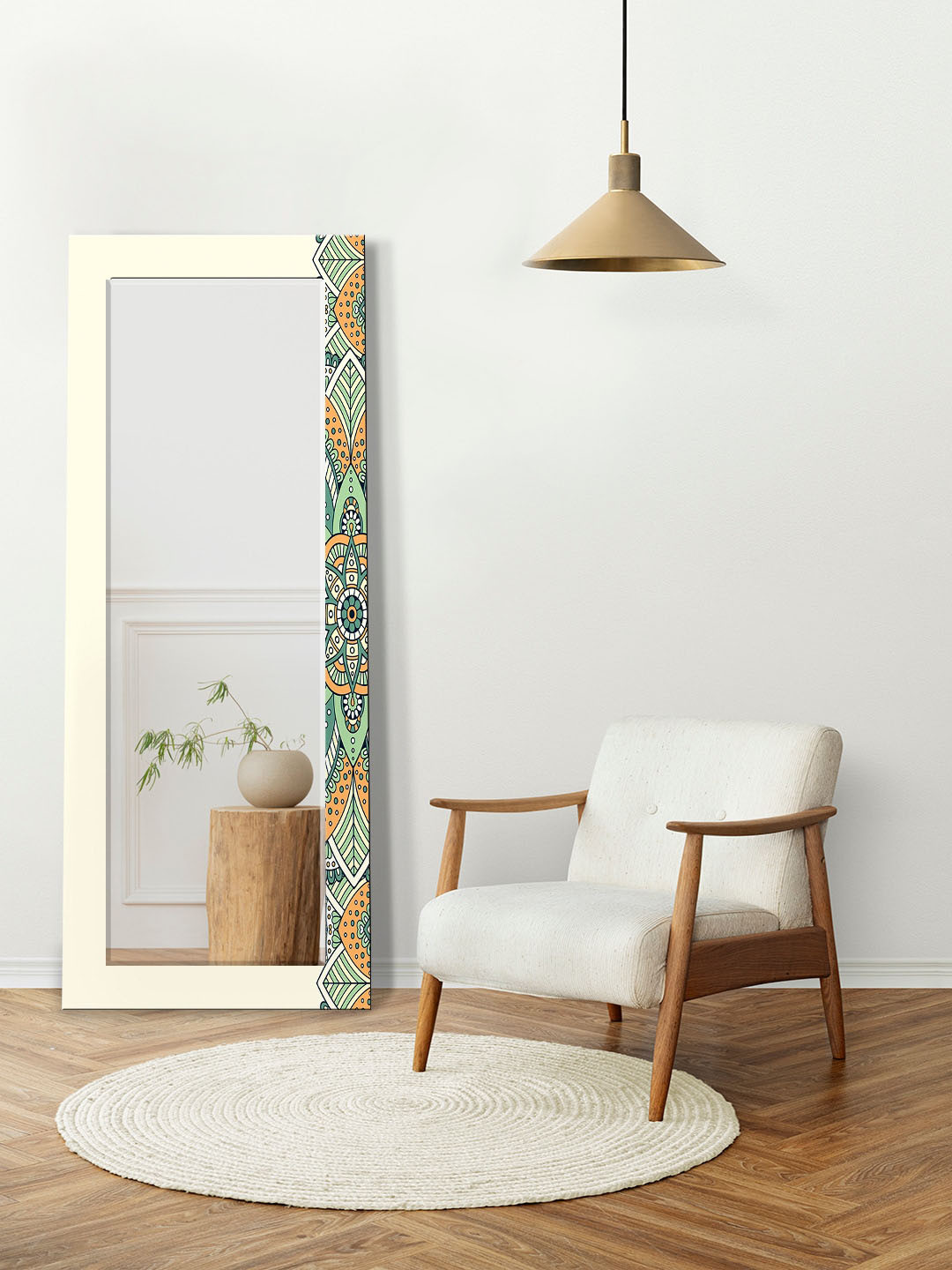 

999Store Green & Orange Printed Wall Mirror