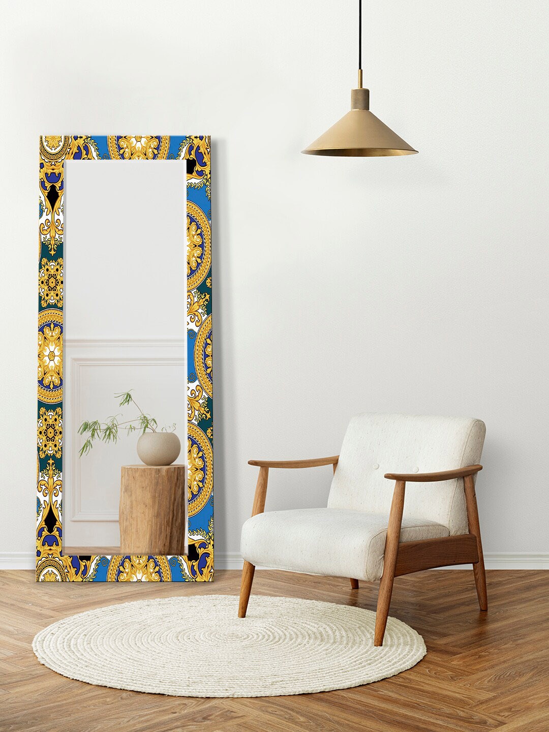 

999Store Blue Seamless Pattern with Baroque Elements Printed Wall Mirror, Gold