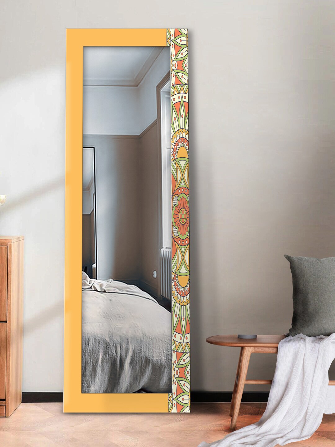 

999Store Yellow Mandala Design Printed Wall Mirror