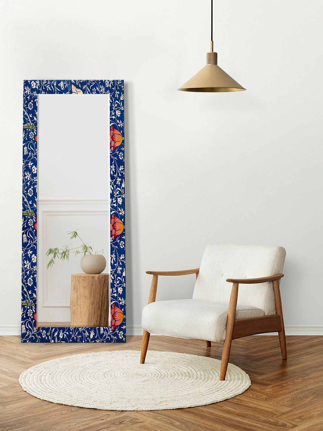 

999Store Blue & Orange Bohemian Floral Printed Wall Mirror