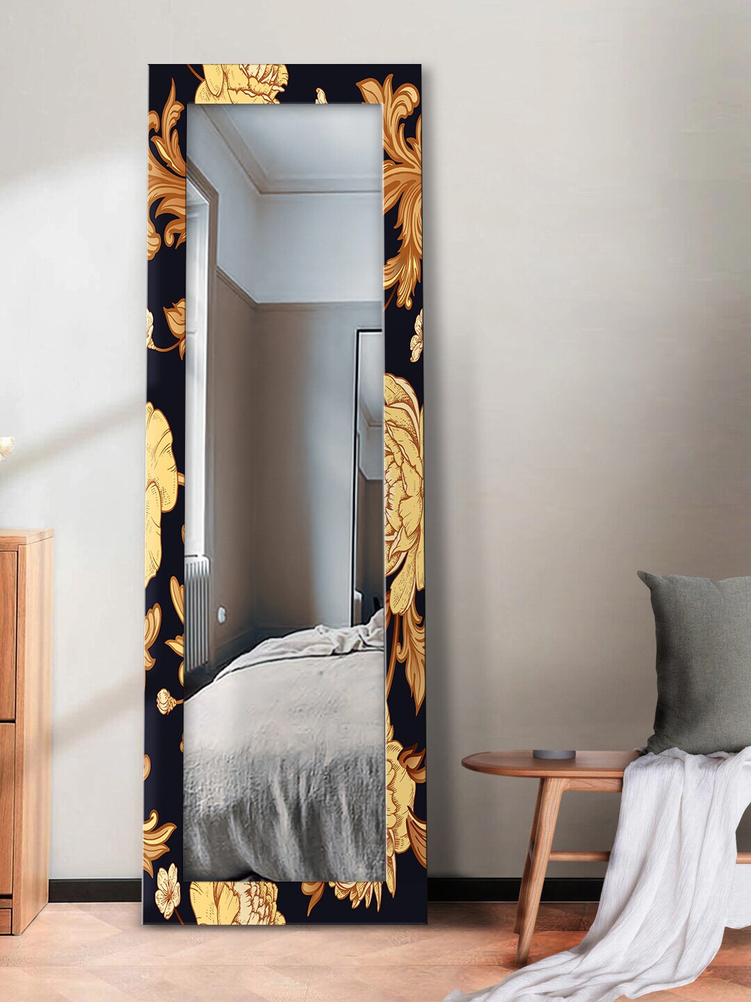 

999Store Black & Beige Garden Flowers Peonies Baroque Elements Pattern Wall Mirror