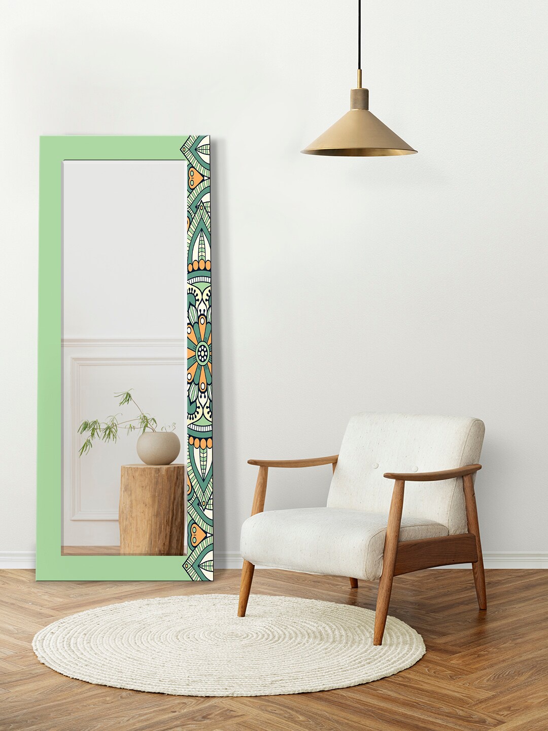 

999Store Green Ornament Beautiful Mandela Rangoli Geometric Printed Wall Mirror