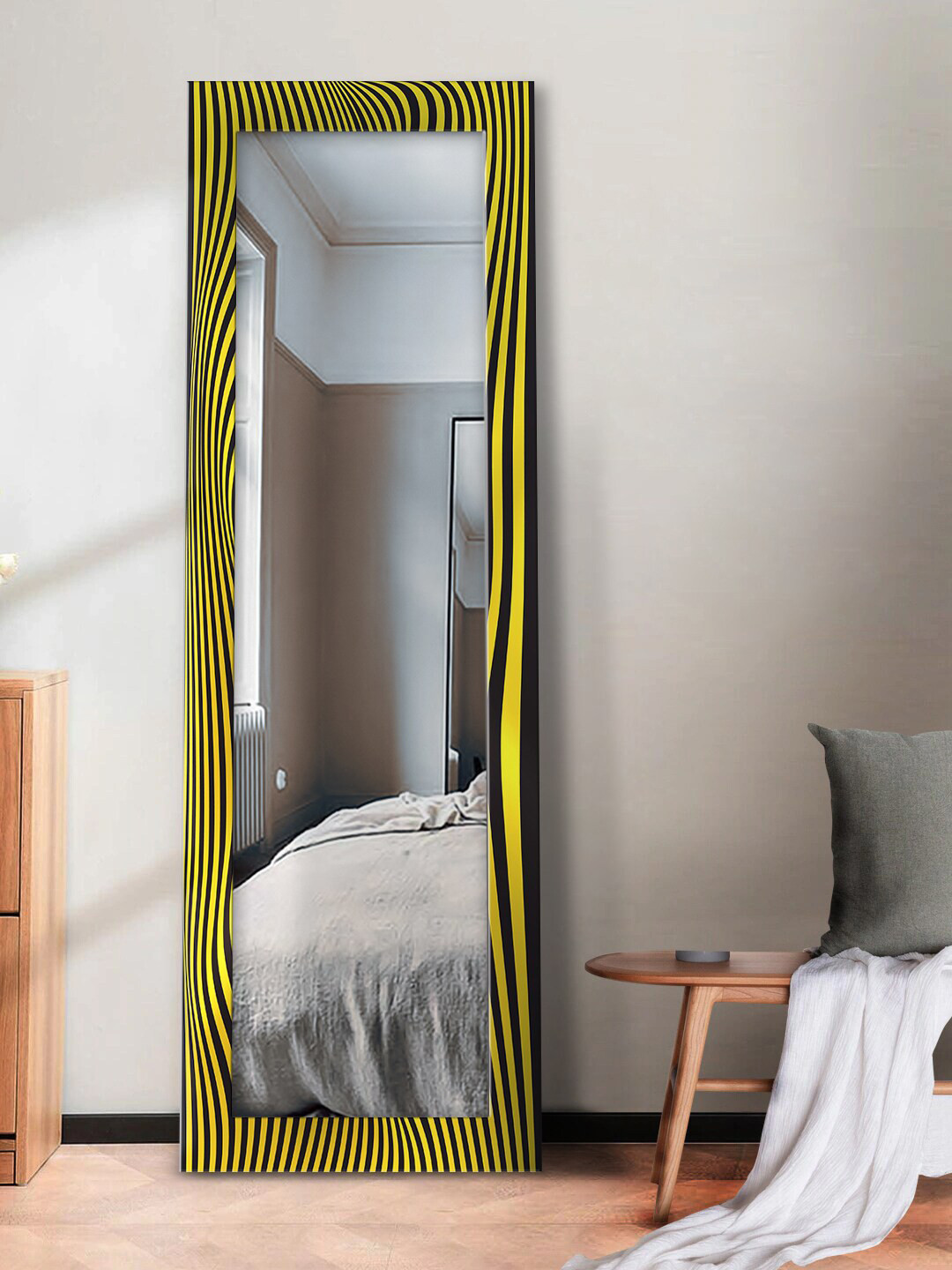 

999Store Yellow & Black Psychedelic Optical Illusion Design Printed Wall Mirror