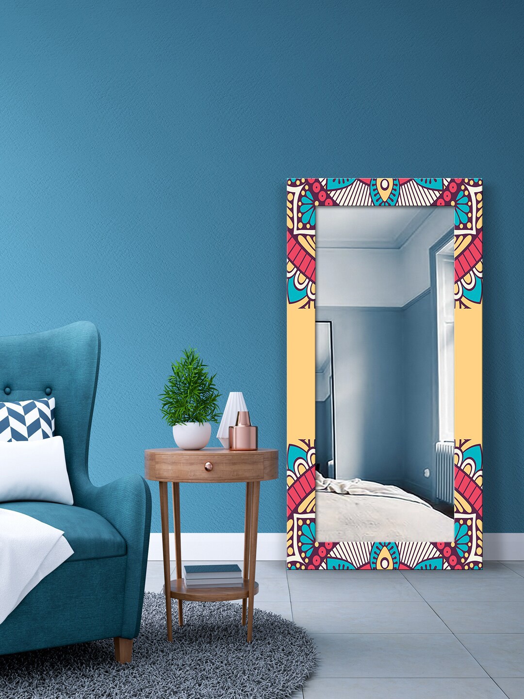 

999Store Orange & Green Printed Wall Mirror