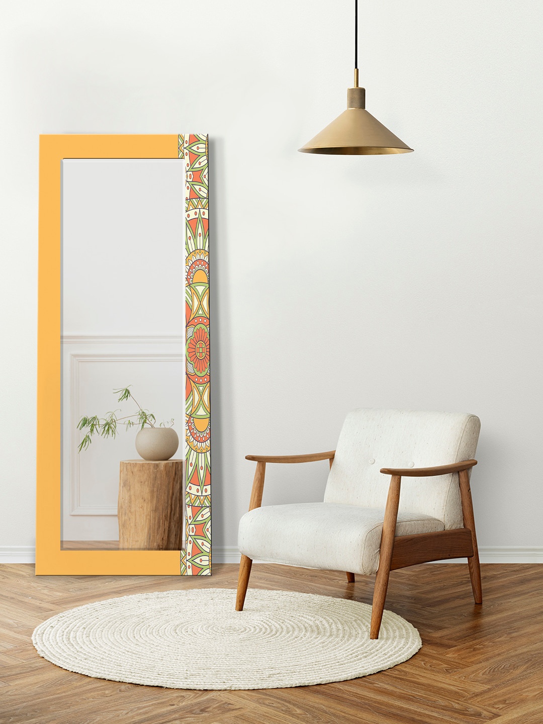 

999Store Yellow Ornament Beautiful Mandela Rangoli Geometric Circle Long Wall Mirror