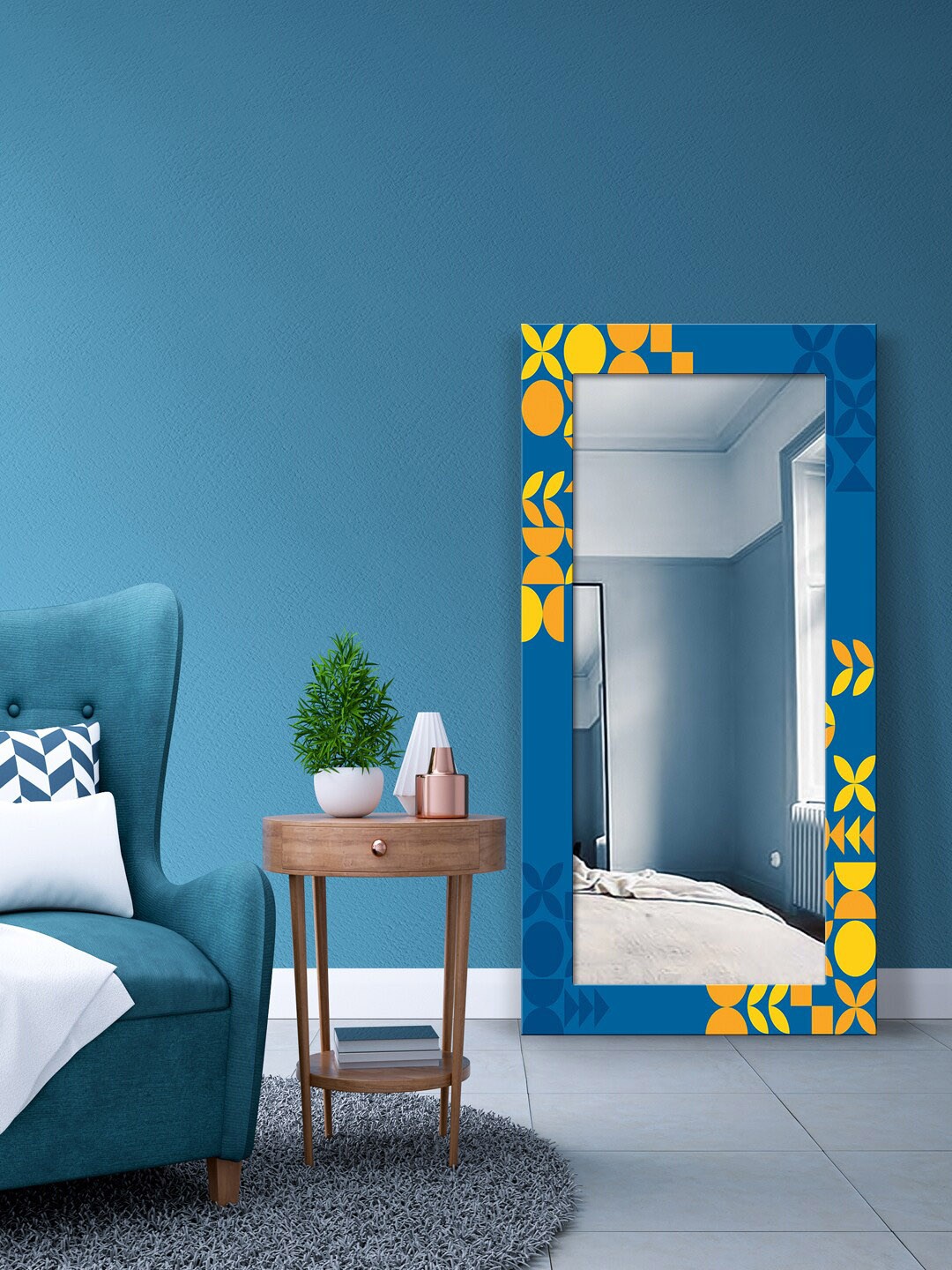 

999Store Blue & Orange Geometric Printed Wall Mirror
