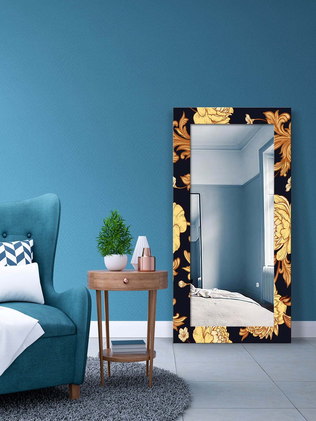 

999Store Black & Beige Printed Wall Mirror