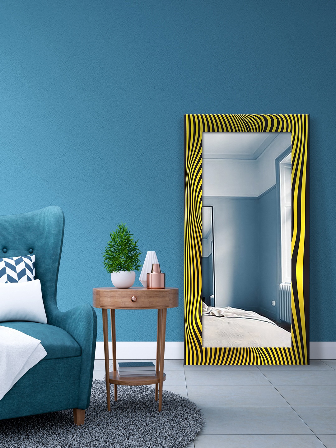 

999Store Yellow & Black Psychedelic Optical Illusion Printed Wall Mirror