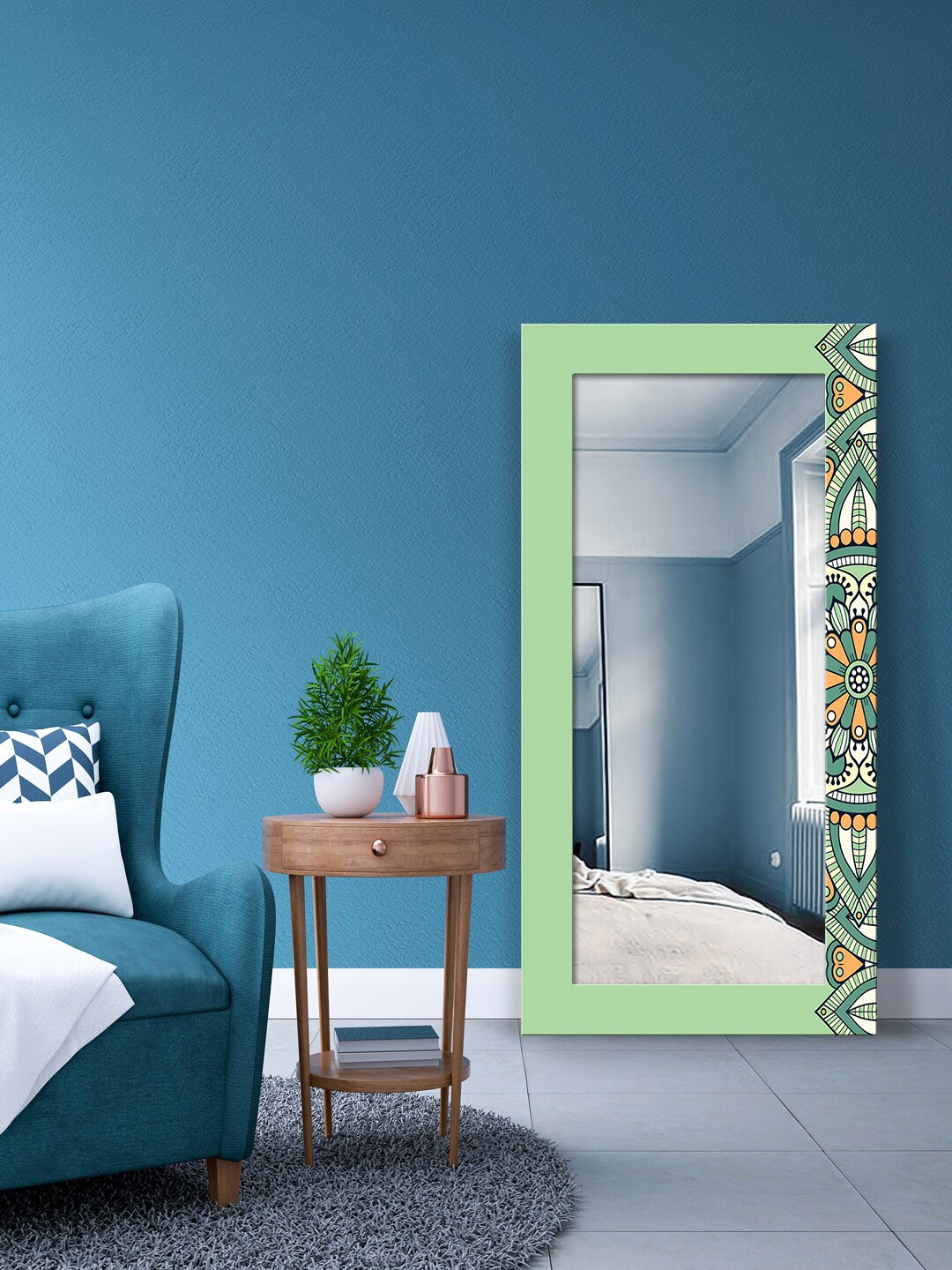 

999Store Green Mandala Rangoli Geometric Wall Mirror