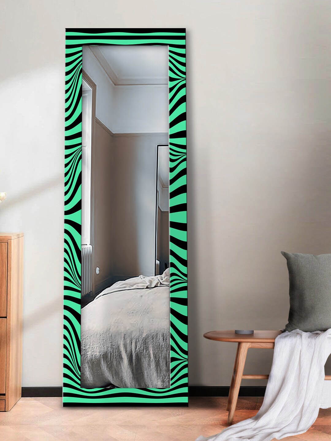 

999Store Green & Black Printed Wall Mirror