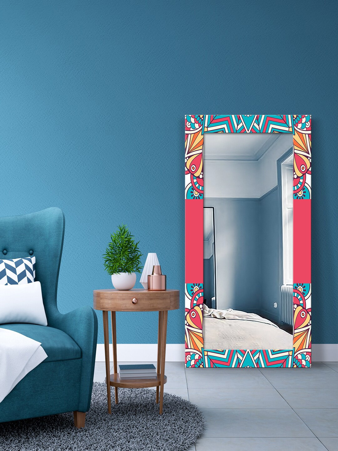 

999Store Pink & Blue Mandala Printed Wall Mirror