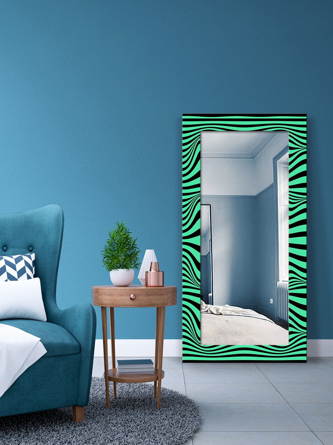 

999Store Green & Black Psychedelic Optical Illusion Design Long Wall Mirror