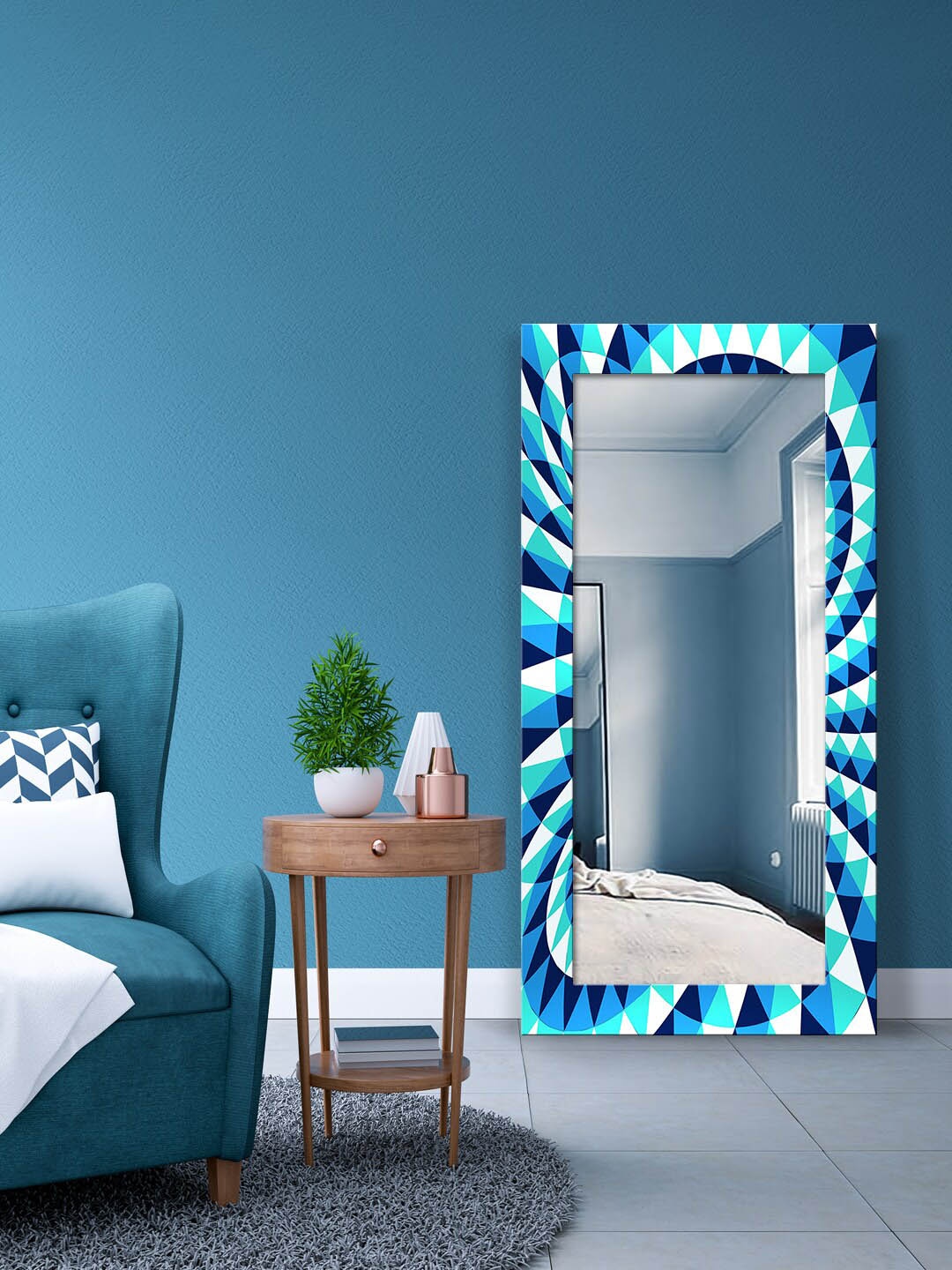 

999Store Blue & White Printed Rectangle Wall Mirror