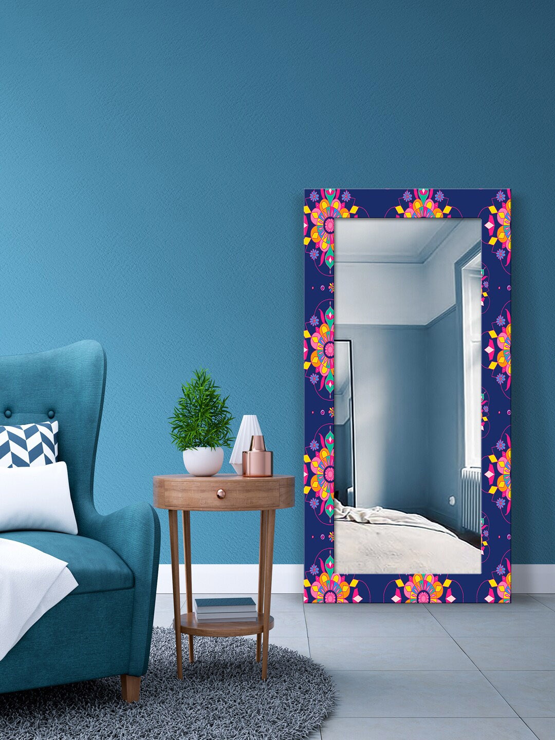 

999Store Blue & Pink Indian Mandala Pattern Rangoli Printed Wall Mirror