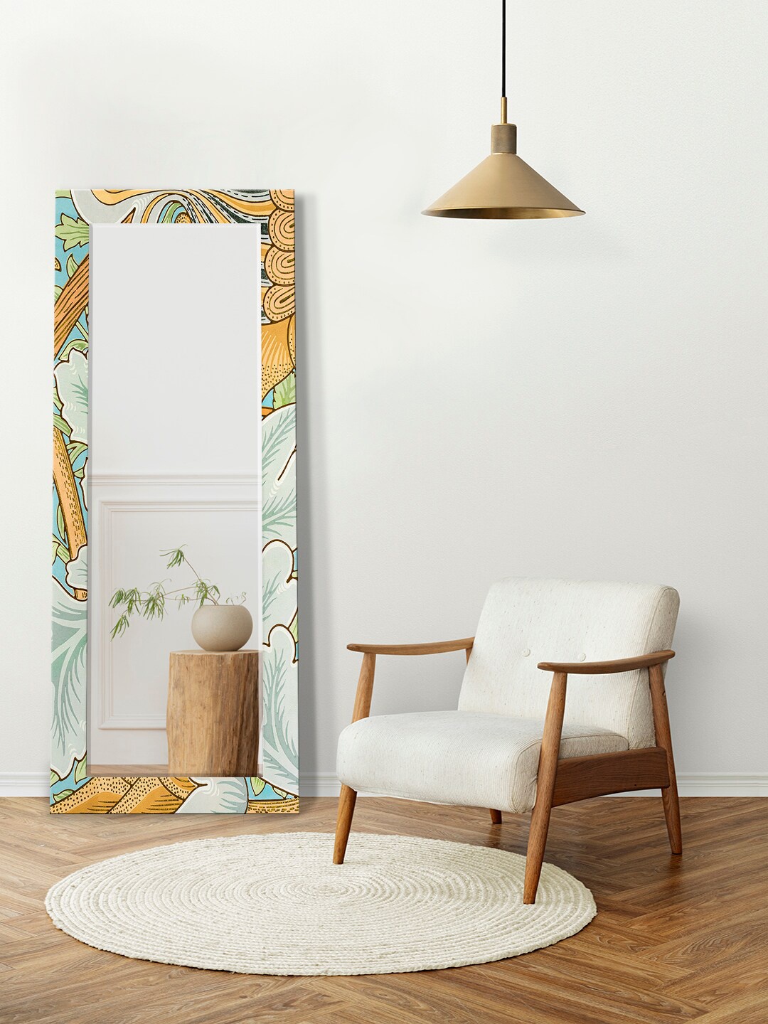 

999Store Blue & Mustard Yellow Bohemian Floral Printed Rectangular Long Wall Mirror